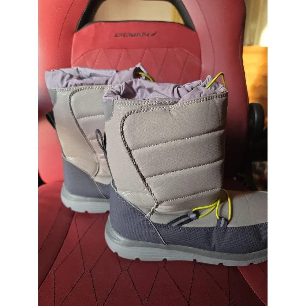 Lands End Grey Quilted Winter Snow Boots Neon Yellow Accents Size 7 M